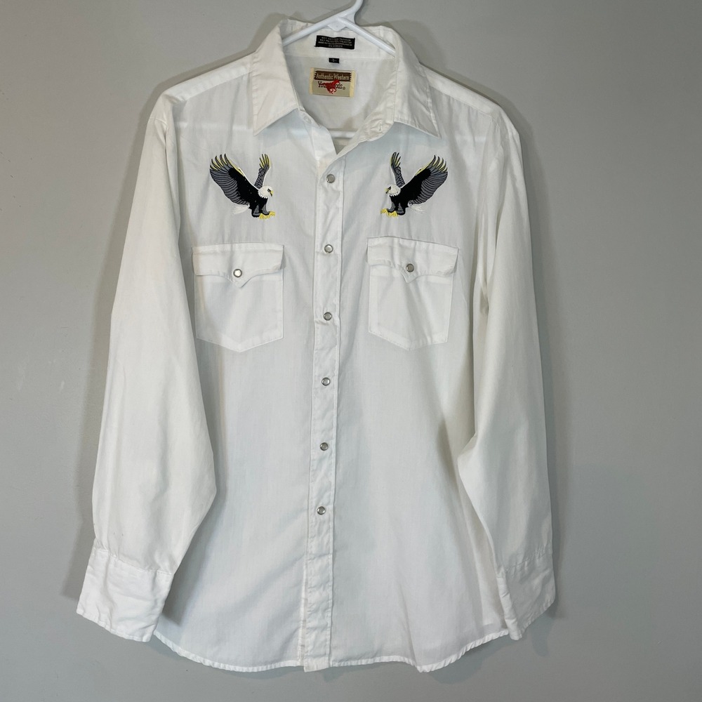 VTG Youngbloods Mens White Western Pearl Snap Shirt Embroidered Eagles Size L